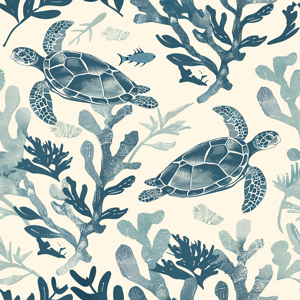 sea turtles, marine life, coral reef, seaweed, ocean plants, underwater scene, hand-drawn illustration, blue tones, teal, sage green, cream background, nautical theme, aquatic animals, swimming turtles, coral branches, sea flora,, fabric panel, coastal design, ocean motif