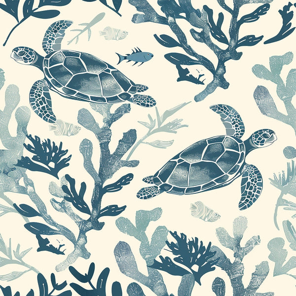 sea turtles, marine life, coral reef, seaweed, ocean plants, underwater scene, hand-drawn illustration, blue tones, teal, sage green, cream background, nautical theme, aquatic animals, swimming turtles, coral branches, sea flora,, fabric panel, coastal design, ocean motif