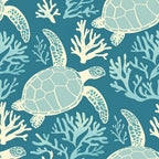 sea turtles, coral reef, ocean theme, teal blue, seafoam green, cream white, hand drawn style, marine life, underwater scene, coral branches, seamless pattern,, fabric panel, aquatic animals, tropical waters, nature inspired, coastal design, repetitive motif, organic shapes, ocean creatures