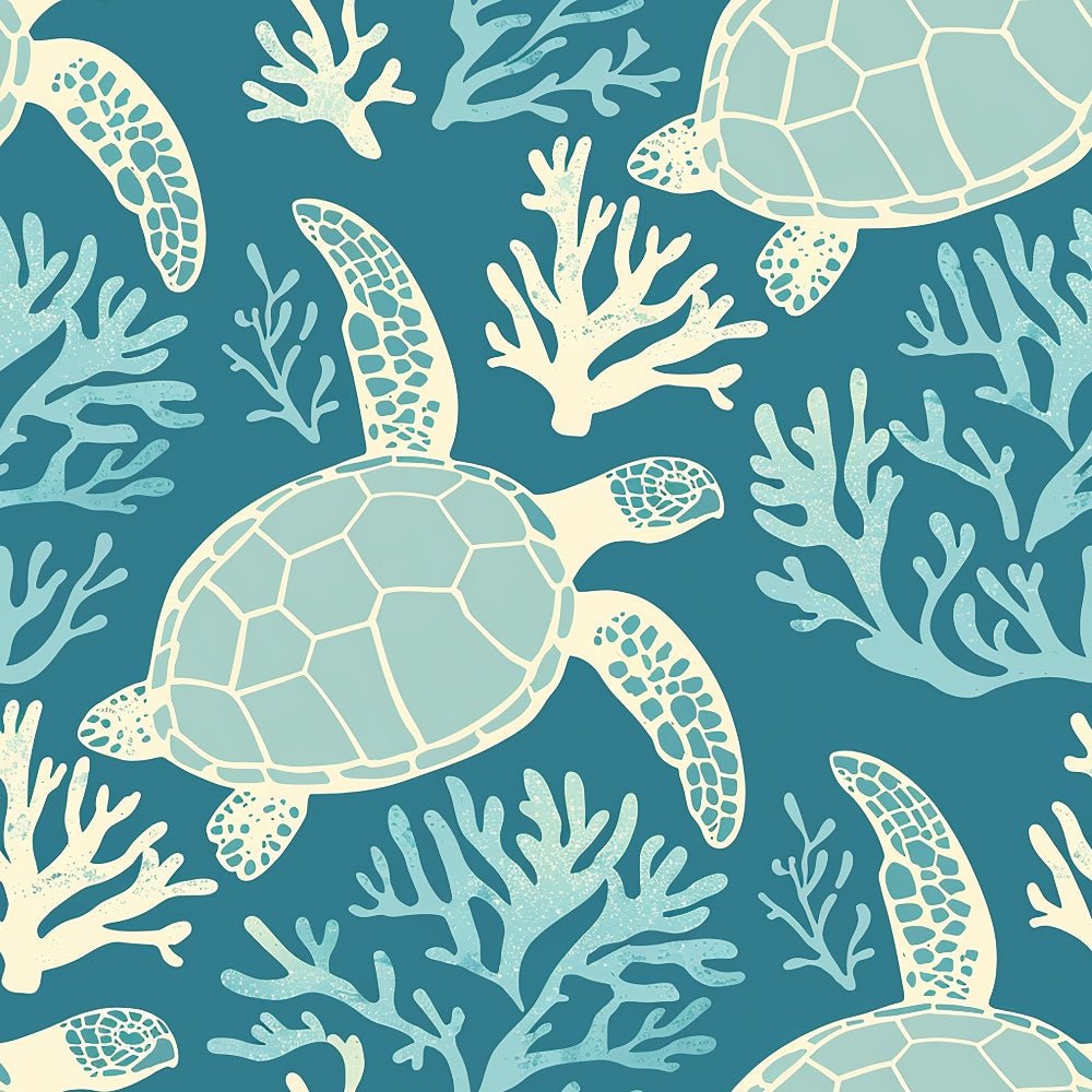 sea turtles, coral reef, ocean theme, teal blue, seafoam green, cream white, hand drawn style, marine life, underwater scene, coral branches, seamless pattern,, fabric panel, aquatic animals, tropical waters, nature inspired, coastal design, repetitive motif, organic shapes, ocean creatures