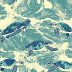 sea turtles, ocean waves, teal blue, cream white, navy blue, aqua, handdrawn illustration, marine life, swimming turtles, water splashes, nautical theme, beach vibes, turtle shells, flippers, ocean current,, fabric panel, coastal design, underwater scene, repetitive pattern