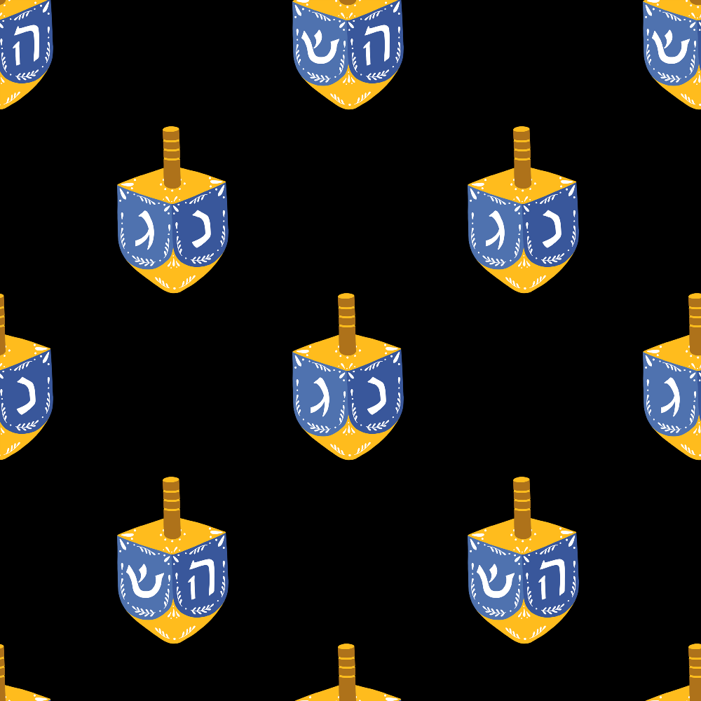 dreidel pattern, blue and gold, spinning tops, hebrew letters, hanukkah motifs, geometric design, religious symbols, jewish holiday, festival lights,, fabric panel, repetitive pattern, black background, holiday celebration, cultural symbols, winter festivities, decorative elements, craft fabric, seasonal theme