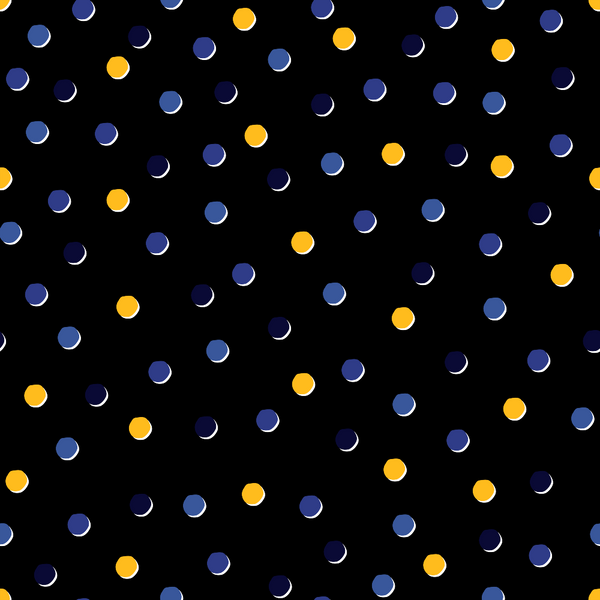 navy blue, orange, black background, polka dots, scattered circles, celestial pattern, night sky, moon phases, geometric design,, fabric panel, festival lights, holiday theme, cosmic motif, starry pattern, circular shapes, contrasting colors, repeated elements, modern style