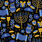 navy blue, golden yellow, hanukkah symbols, menorah, dreidel, star of david, kippah, torah scroll, oil pitcher, gift boxes, candles, olive branches, flowers, snowflakes, repeating pattern, jewish holiday,, fabric panel, festival celebration, religious motifs