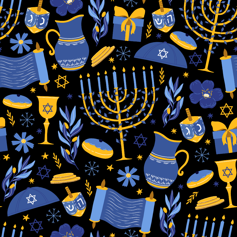 navy blue, golden yellow, hanukkah symbols, menorah, dreidel, star of david, kippah, torah scroll, oil pitcher, gift boxes, candles, olive branches, flowers, snowflakes, repeating pattern, jewish holiday,, fabric panel, festival celebration, religious motifs