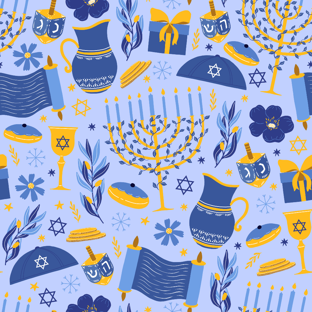 blue, yellow, purple, hanukkah, menorah, dreidel, star of david, kippah, festival lights, jewish symbols,, fabric panel, candles, oil pitcher, gift boxes, floral elements, geometric patterns, religious motifs, celebration theme, holiday fabric