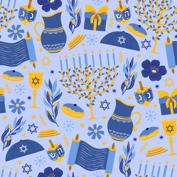 blue, yellow, purple, hanukkah, menorah, dreidel, star of david, kippah, festival lights, jewish symbols,, fabric panel, candles, oil pitcher, gift boxes, floral elements, geometric patterns, religious motifs, celebration theme, holiday fabric