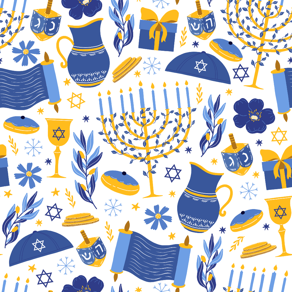 blue, yellow, white, hanukkah, menorah, dreidel, star of david, kippah, torah scroll, gift boxes, candles, olive branches, flowers, snowflakes, festival of lights, jewish holiday,, fabric panel, seamless pattern, religious symbols, ceremonial objects, winter celebration, folk art style, festive design