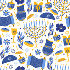 blue, yellow, white, hanukkah, menorah, dreidel, star of david, kippah, torah scroll, gift boxes, candles, olive branches, flowers, snowflakes, festival of lights, jewish holiday,, fabric panel, seamless pattern, religious symbols, ceremonial objects, winter celebration, folk art style, festive design