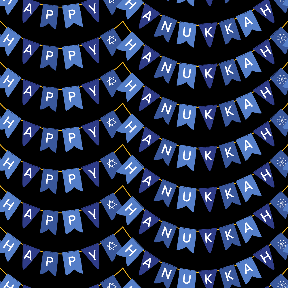 blue bunting, navy background, pennant flags, star symbols, snowflake motifs, happy hanukkah text, festival banners, geometric pattern, repeating design,, fabric panel, winter theme, jewish holiday, celebration decor, royal blue, white lettering, garland design, striped pattern, holiday fabric, cotton material