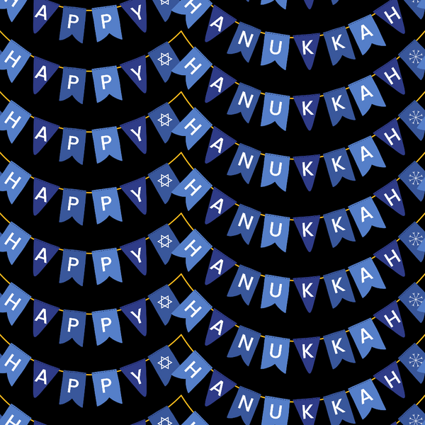 blue bunting, navy background, pennant flags, star symbols, snowflake motifs, happy hanukkah text, festival banners, geometric pattern, repeating design,, fabric panel, winter theme, jewish holiday, celebration decor, royal blue, white lettering, garland design, striped pattern, holiday fabric, cotton material