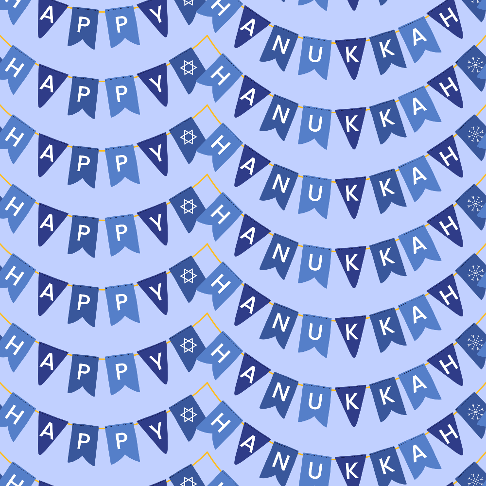 blue fabric, purple background, banner garland, happy hanukkah text, star of david, snowflakes, festival lighting, jewish holiday,, fabric panel, bunting flags, celebratory pattern, winter theme, religious symbols, triangular pennants, repeating design, holiday decoration, navy blue, periwinkle blue, festive bunting