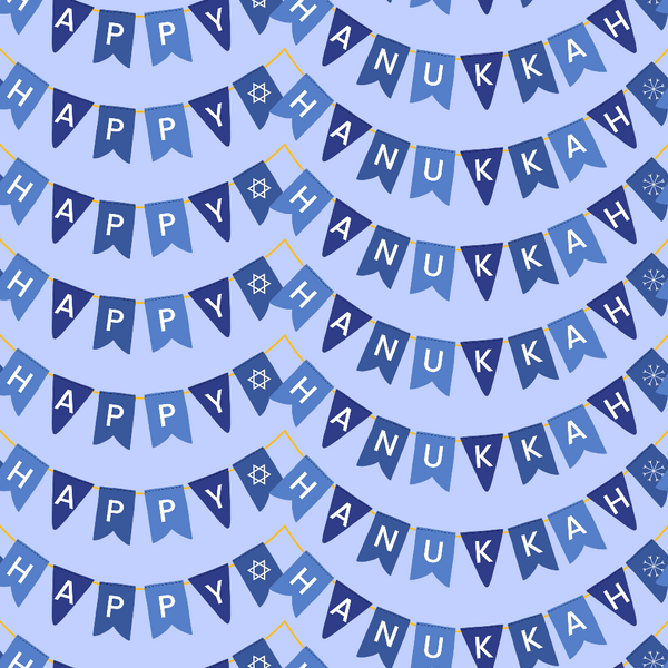 blue fabric, purple background, banner garland, happy hanukkah text, star of david, snowflakes, festival lighting, jewish holiday,, fabric panel, bunting flags, celebratory pattern, winter theme, religious symbols, triangular pennants, repeating design, holiday decoration, navy blue, periwinkle blue, festive bunting
