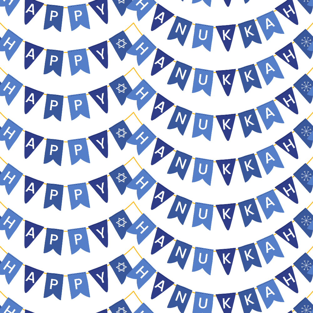 white background, blue bunting, navy blue, light blue, gradient blue, pennant flags, banner pattern, star symbols, snowflake motifs, happy hanukkah text, festival celebration, jewish holiday,, fabric panel, festive garland, decorative bunting, holiday theme, winter celebration, repeating pattern, celebration motif