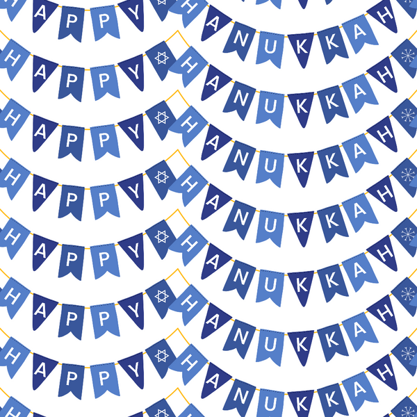 white background, blue bunting, navy blue, light blue, gradient blue, pennant flags, banner pattern, star symbols, snowflake motifs, happy hanukkah text, festival celebration, jewish holiday,, fabric panel, festive garland, decorative bunting, holiday theme, winter celebration, repeating pattern, celebration motif
