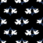 black background, white doves, blue star of david, peace symbols, religious motif, jewish holiday, festival of lights, hanukkah theme,, fabric panel, geometric stars, flying birds, spiritual design, holiday fabric, blue and white, repeating pattern, cotton fabric, seasonal theme, celebration motif