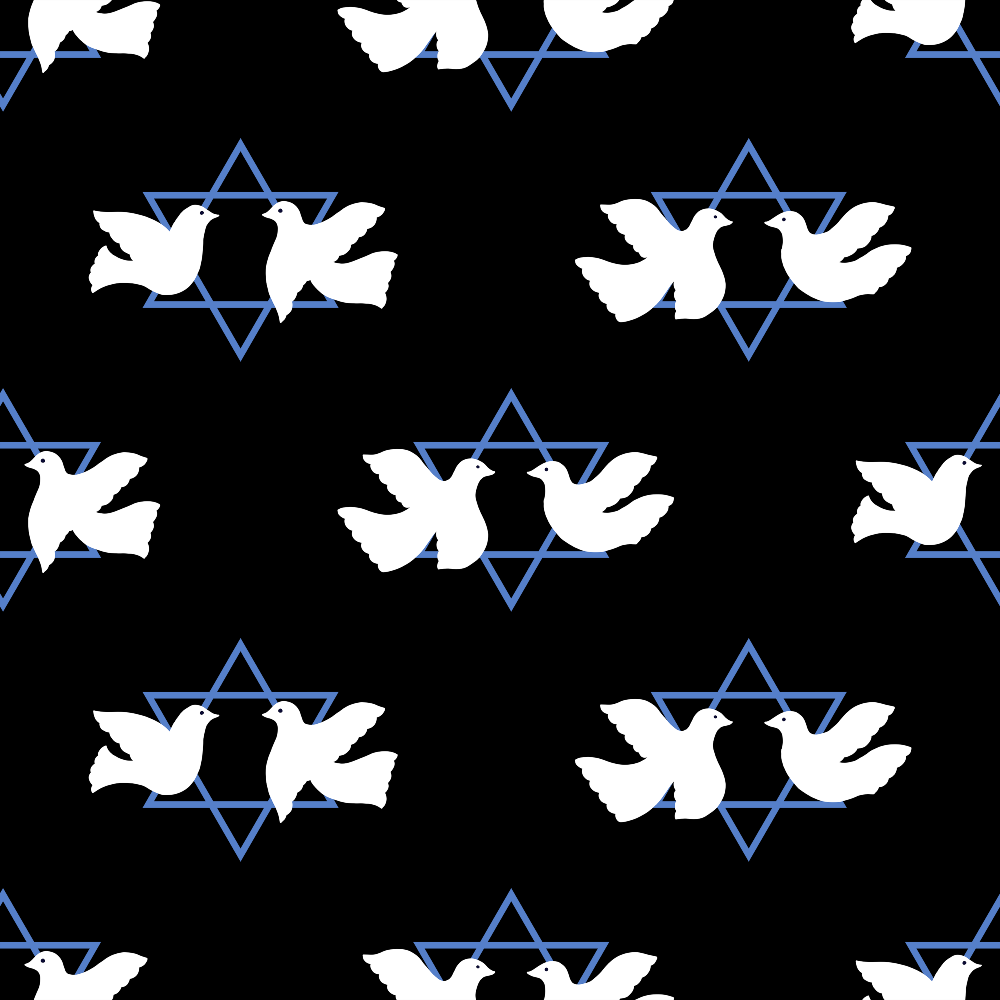 black background, white doves, blue star of david, peace symbols, religious motif, jewish holiday, festival of lights, hanukkah theme,, fabric panel, geometric stars, flying birds, spiritual design, holiday fabric, blue and white, repeating pattern, cotton fabric, seasonal theme, celebration motif