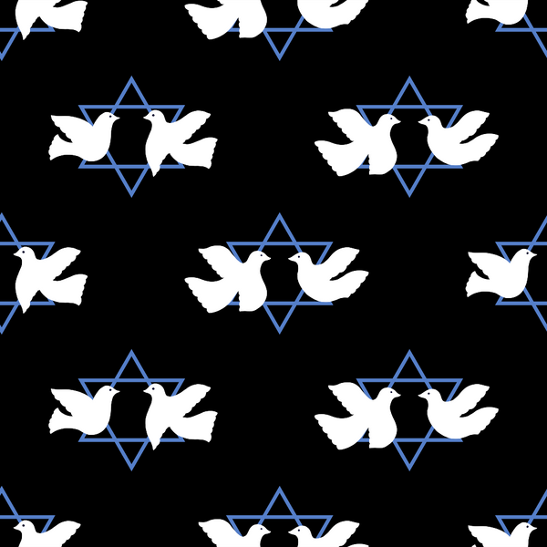 black background, white doves, blue star of david, peace symbols, religious motif, jewish holiday, festival of lights, hanukkah theme,, fabric panel, geometric stars, flying birds, spiritual design, holiday fabric, blue and white, repeating pattern, cotton fabric, seasonal theme, celebration motif