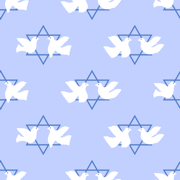 light blue, periwinkle, white, doves, star of david, six-pointed star, geometric pattern, repeating pattern, peace symbols, religious motif, festival of lights, hanukkah theme, birds in flight,, fabric panel, jewish holiday, spiritual design, blue and white, dove pairs, sacred geometry