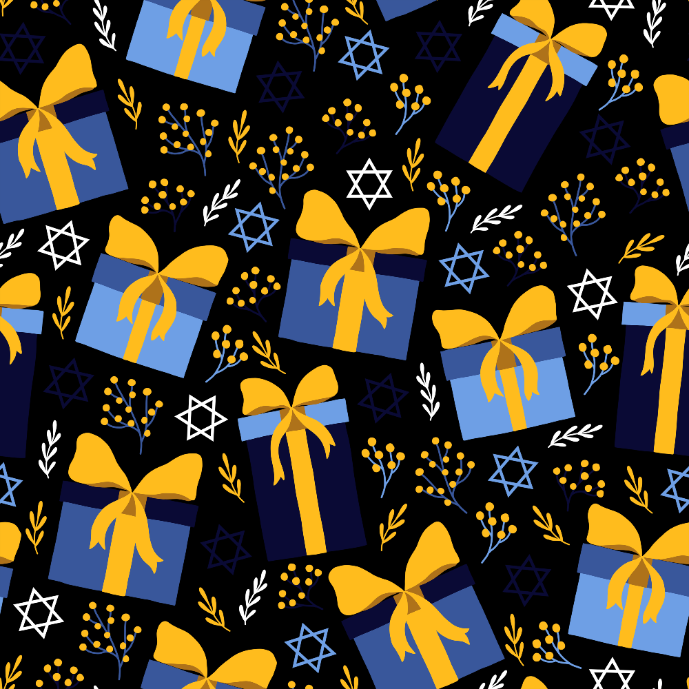 black background, blue gifts, yellow ribbons, gold bows, star of david, white stars, botanical sprigs, berry clusters, hanukkah theme, festival of lights,, fabric panel, geometric stars, gift boxes, holiday pattern, jewish celebration, navy blue, golden yellow, repeating motif, festive design