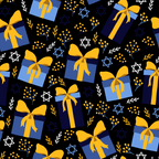black background, blue gifts, yellow ribbons, gold bows, star of david, white stars, botanical sprigs, berry clusters, hanukkah theme, festival of lights,, fabric panel, geometric stars, gift boxes, holiday pattern, jewish celebration, navy blue, golden yellow, repeating motif, festive design