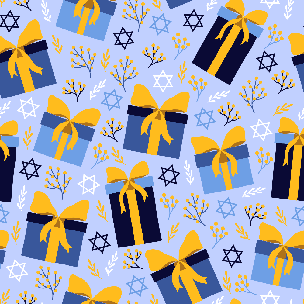 blue, yellow, gold, purple, lavender, gift boxes, presents, ribbons, bows, star of david, jewish symbols, botanical sprigs, floral elements, geometric pattern, repeating design, festival of lights, hanukkah theme,, fabric panel, cheerful mood, celebratory pattern