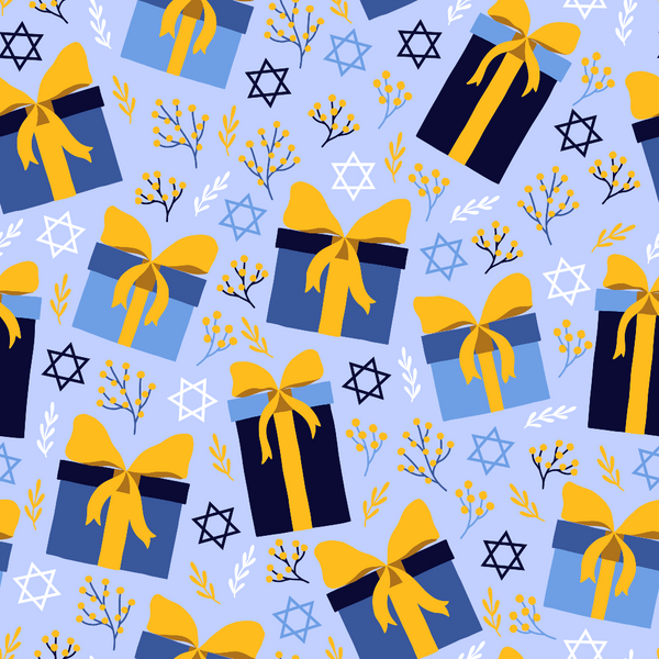 blue, yellow, gold, purple, lavender, gift boxes, presents, ribbons, bows, star of david, jewish symbols, botanical sprigs, floral elements, geometric pattern, repeating design, festival of lights, hanukkah theme,, fabric panel, cheerful mood, celebratory pattern