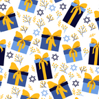 white background, blue gift boxes, golden yellow ribbons, star of david, botanical branches, religious symbols, jewish holiday, hanukkah theme, festival of lights,, fabric panel, repeating pattern, navy blue, light blue, yellow flowers, gift wrapping, celebration motif, geometric stars, floral elements, cheerful design