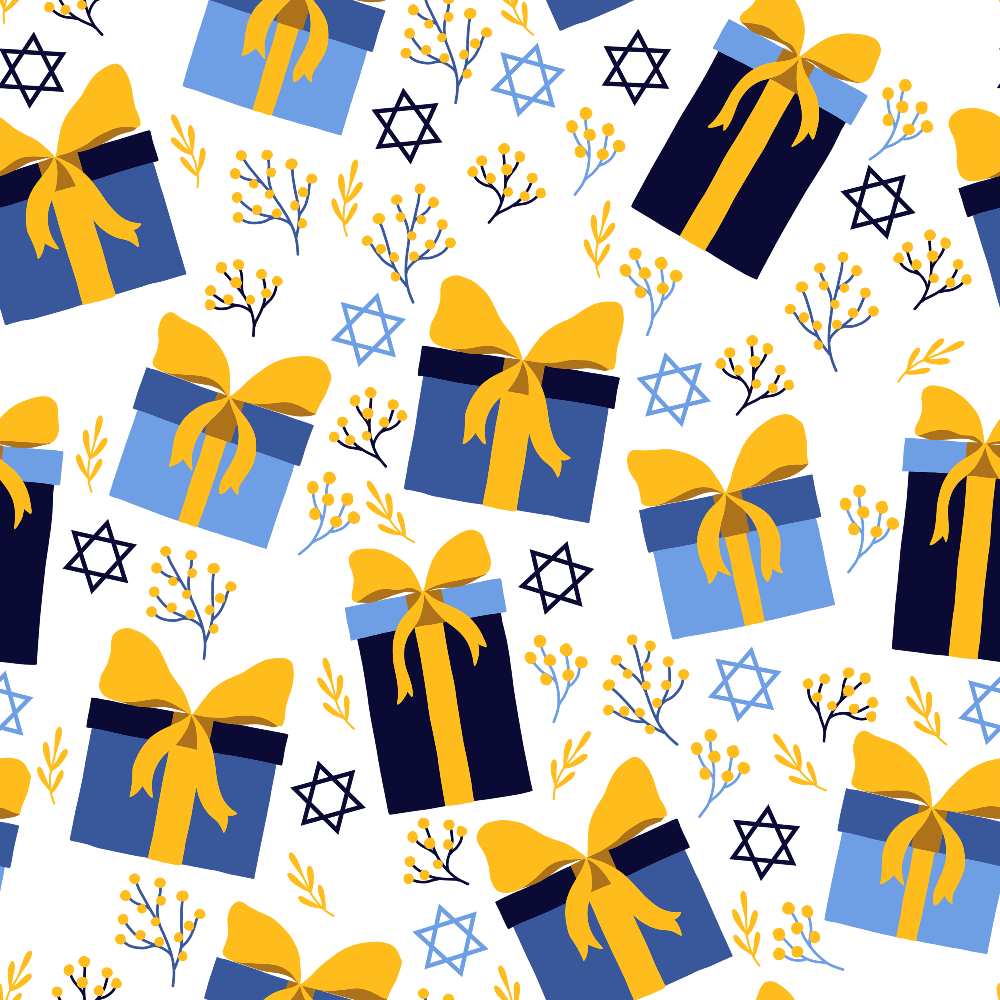 white background, blue gift boxes, golden yellow ribbons, star of david, botanical branches, religious symbols, jewish holiday, hanukkah theme, festival of lights,, fabric panel, repeating pattern, navy blue, light blue, yellow flowers, gift wrapping, celebration motif, geometric stars, floral elements, cheerful design