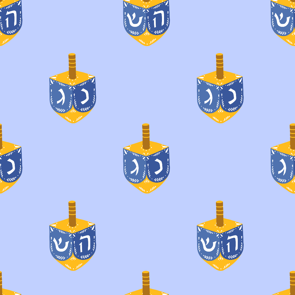 blue, yellow, purple, lavender, dreidel, spinning top, hebrew letters, hanukkah, festival of lights, jewish holiday, repeating pattern, geometric design, religious symbols, winter celebration,, fabric panel, seasonal motif, cultural tradition, holiday fabric, decorative pattern