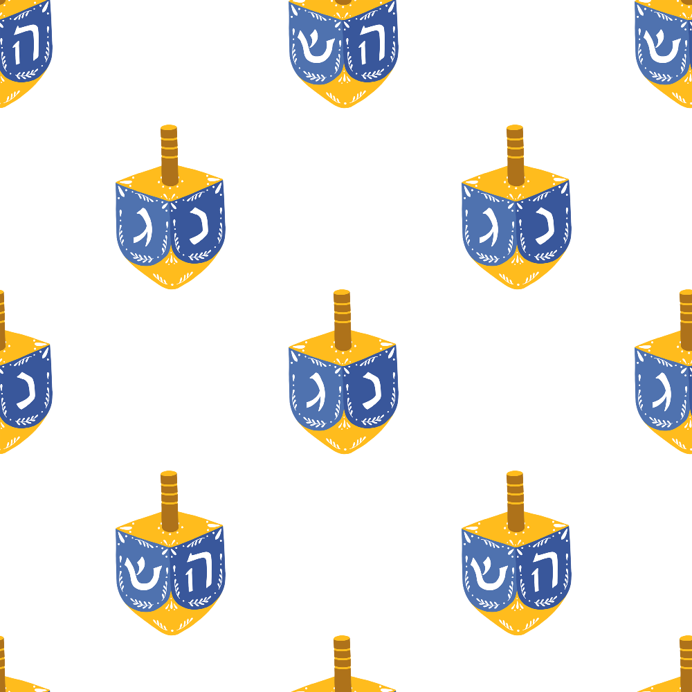 dreidel, spinning top, hebrew letters, blue, yellow, gold, white background, hanukkah, jewish holiday, festival of lights, repeating pattern, geometric design, religious symbols, holiday motif,, fabric panel, celebration theme, winter holiday, cultural pattern, festive design