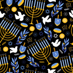 black background, gold menorah, blue dreidels, white doves, star of david, hanukkah symbols, olive branches, blue and gold, festival of lights,, fabric panel, jewish holiday, candles, geometric patterns, peace doves, religious symbols, winter celebration, decorative motifs, repeating pattern, cotton fabric