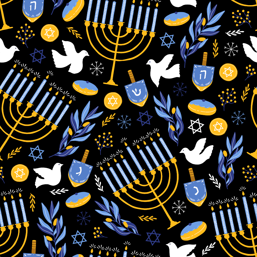 black background, gold menorah, blue dreidels, white doves, star of david, hanukkah symbols, olive branches, blue and gold, festival of lights,, fabric panel, jewish holiday, candles, geometric patterns, peace doves, religious symbols, winter celebration, decorative motifs, repeating pattern, cotton fabric