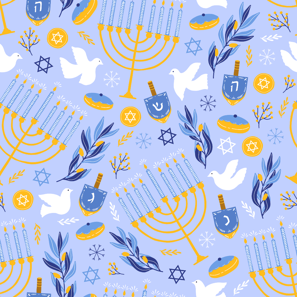 light blue, yellow, gold, white, menorah, dreidels, star of david, doves, olive branches, hanukkah symbols, jewish holiday, festival pattern,, fabric panel, religious motifs, winter celebration, snowflakes, repeating pattern, blue background, golden accents