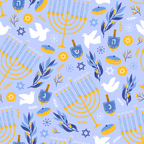 light blue, yellow, gold, white, menorah, dreidels, star of david, doves, olive branches, hanukkah symbols, jewish holiday, festival pattern,, fabric panel, religious motifs, winter celebration, snowflakes, repeating pattern, blue background, golden accents
