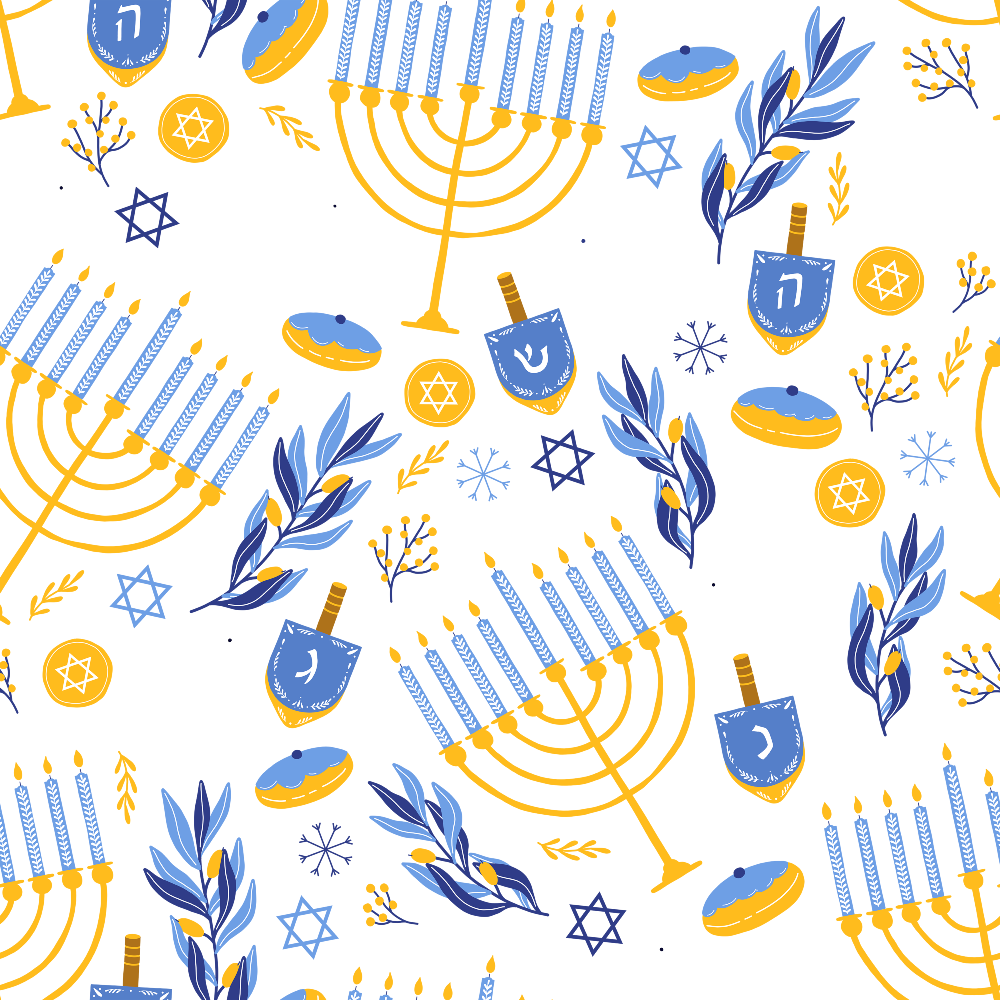 white background, blue accents, golden yellow, orange details, menorah candelabra, dreidel spinning tops, star of david, hanukkah symbols, jelly donuts, olive branches, decorative leaves, geometric patterns, jewish holiday, festival of lights,, fabric panel, celebratory motifs, religious symbols, winter holiday, scattered design