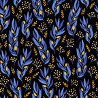navy blue, golden yellow, black background, botanical pattern, leaves, berries, branches, floral motifs, repeating design,, fabric panel, modern botanical, nature inspired, elegant pattern, festival of lights, festive theme, seasonal fabric, crafting material, sewing fabric, decorative elements