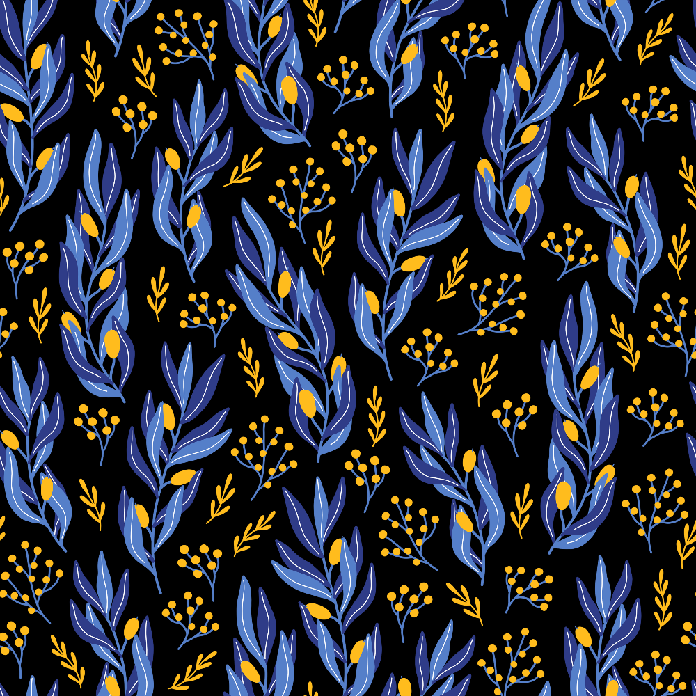 navy blue, golden yellow, black background, botanical pattern, leaves, berries, branches, floral motifs, repeating design,, fabric panel, modern botanical, nature inspired, elegant pattern, festival of lights, festive theme, seasonal fabric, crafting material, sewing fabric, decorative elements