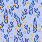 periwinkle blue, navy blue, golden yellow, orange accents, botanical pattern, floral motifs, leaves, berries, branch designs, delicate florals, repeating pattern,, fabric panel, festival of lights, cheerful mood, nature inspired, small scale print, coordinating colors, crafting fabric, blue background