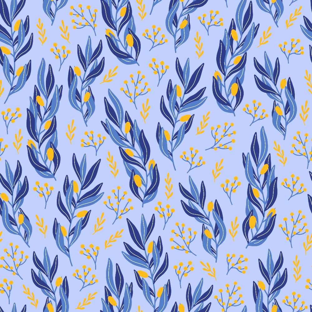 periwinkle blue, navy blue, golden yellow, orange accents, botanical pattern, floral motifs, leaves, berries, branch designs, delicate florals, repeating pattern,, fabric panel, festival of lights, cheerful mood, nature inspired, small scale print, coordinating colors, crafting fabric, blue background