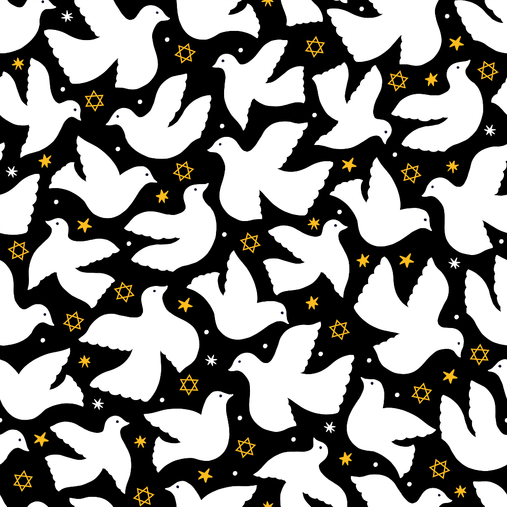 black background, white doves, yellow stars, star of david, gold accents, peace birds, flying doves, hanukkah theme, jewish holiday, festival of lights, religious symbols,, fabric panel, seamless pattern, dove silhouettes, celestial design, holiday fabric, spiritual motif, monochrome birds, golden starbursts