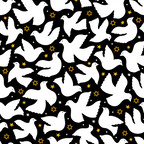 black background, white doves, yellow stars, star of david, gold accents, peace birds, flying doves, hanukkah theme, jewish holiday, festival of lights, religious symbols,, fabric panel, seamless pattern, dove silhouettes, celestial design, holiday fabric, spiritual motif, monochrome birds, golden starbursts