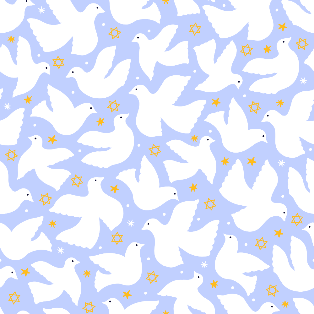 periwinkle blue, white doves, peace birds, golden stars, star of david, hanukkah pattern, festival of lights,, fabric panel, flying doves, celestial design, jewish holiday, religious symbols, soft pastels, whimsical illustration, repeating pattern, cotton fabric, craft material, spiritual theme