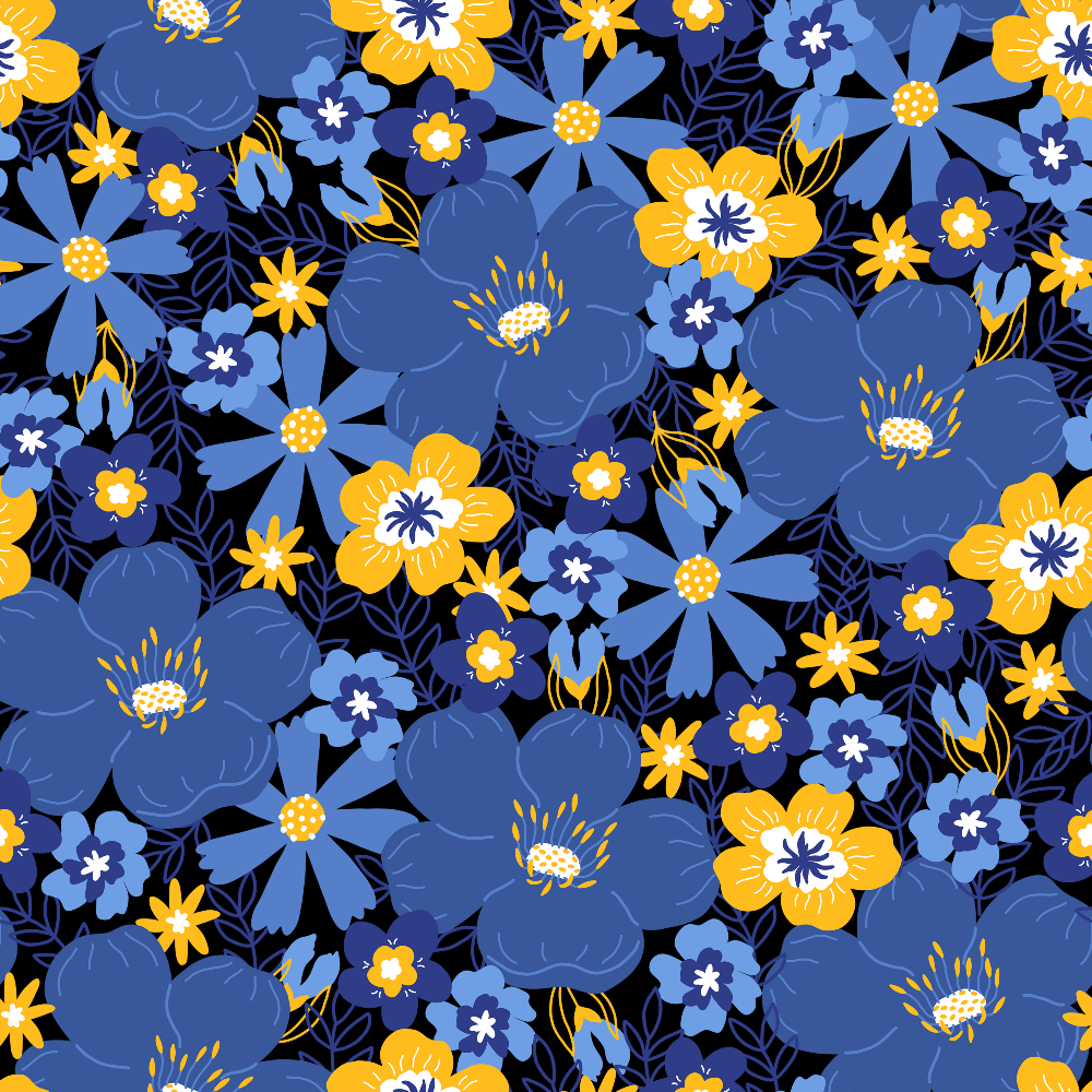 navy blue, golden yellow, floral pattern, blooming flowers, botanical design,, fabric panel, cheerful mood, bright colors, flower petals, garden motif, spring flowers, decorative florals, textile design, crafting fabric, vibrant pattern, festival theme, floral arrangement, cotton fabric, blooming garden