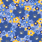blue, yellow, orange, floral pattern, flowers, botanical, leaves, foliage, cheerful, bright, vibrant,, fabric panel, festival theme, decorative blooms, folk art style, happy mood, layered florals, mixed flowers, crafting fabric