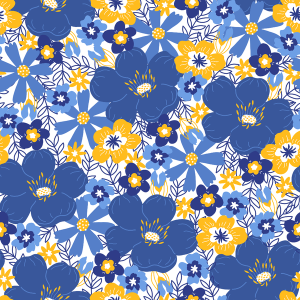 navy blue, golden yellow, white background, floral pattern, large blooms, small flowers, botanical design, leaves, stems, cheerful mood, bright colors,, fabric panel, seamless repeat, modern floral, festival theme, decorative flowers, blue and yellow, cotton fabric, quilting material