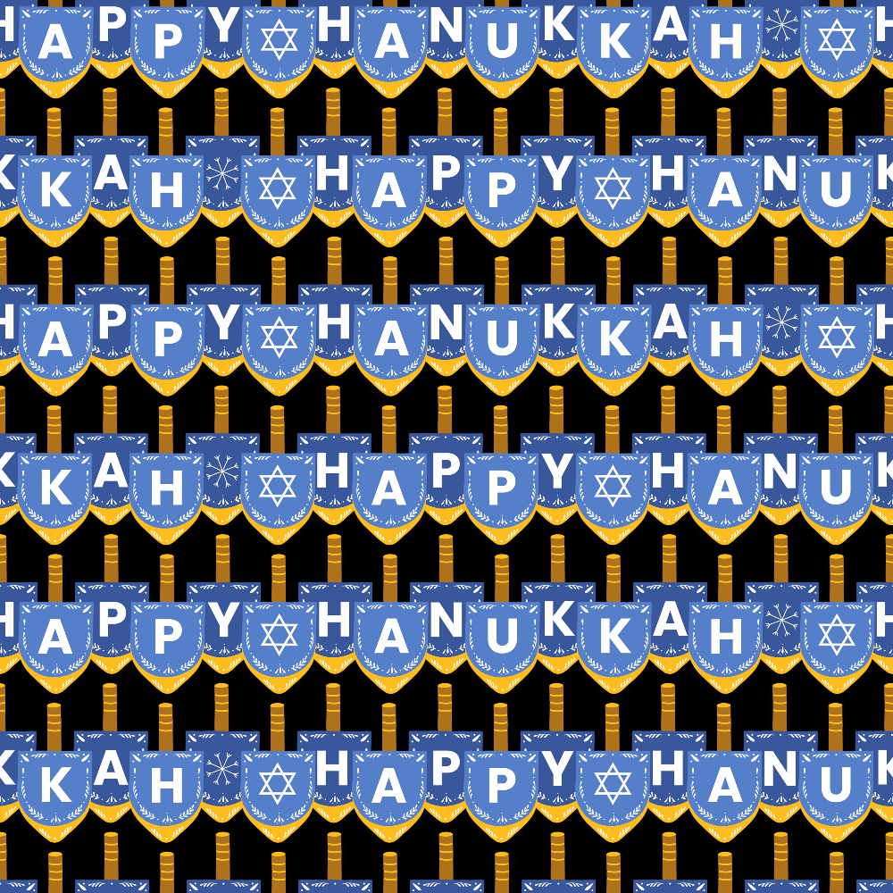 blue, gold, yellow, black, repeating pattern, bunting flags, star of david, menorah, candles, hanukkah, jewish holiday, festival of lights, geometric shapes, celebration theme,, fabric panel, holiday fabric, religious symbols, decorative banners, winter holiday