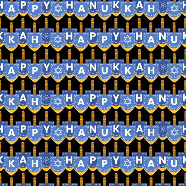 blue, gold, yellow, black, repeating pattern, bunting flags, star of david, menorah, candles, hanukkah, jewish holiday, festival of lights, geometric shapes, celebration theme,, fabric panel, holiday fabric, religious symbols, decorative banners, winter holiday