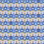 blue fabric, yellow accents, white letters, menorah pattern, star of david, hanukkah theme, festival of lights,, fabric panel, geometric design, religious symbols, holiday pattern, celebratory mood, repeating motifs, jewish holiday, candles, spiritual imagery, festive design, cotton material, craft fabric