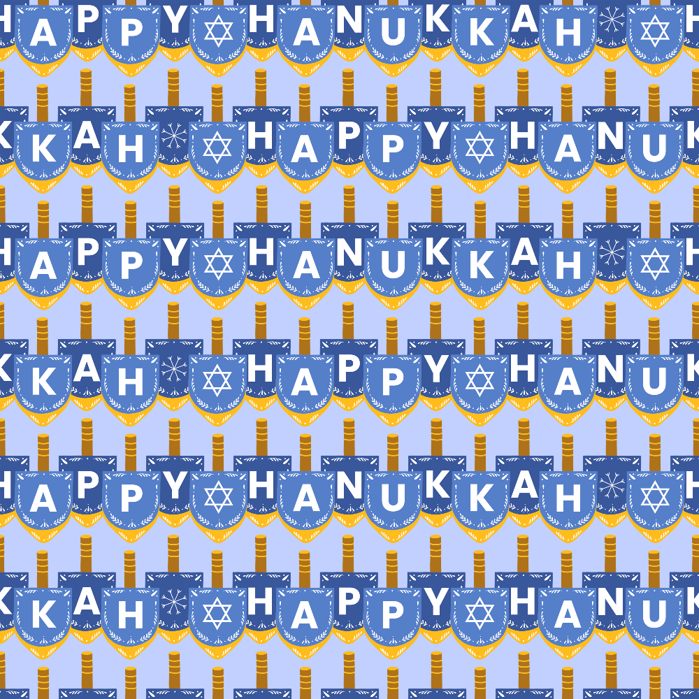 blue fabric, yellow accents, white letters, menorah pattern, star of david, hanukkah theme, festival of lights,, fabric panel, geometric design, religious symbols, holiday pattern, celebratory mood, repeating motifs, jewish holiday, candles, spiritual imagery, festive design, cotton material, craft fabric